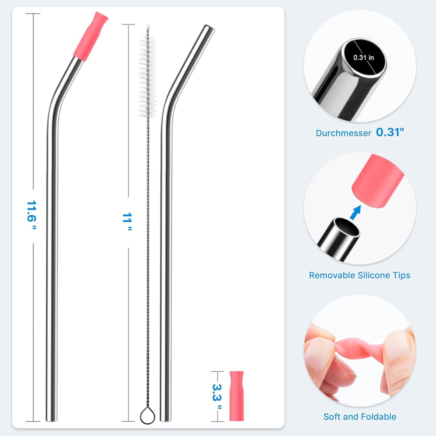 2 Pcs Stainless Steel Straw with Silicone Tips for 30 oz Stanley Tumbler, Repeatable 30 oz Metal Straws for Stanley Adventure Quencher Travel Tumbler Cup, BPA Free（Pink Dusk）