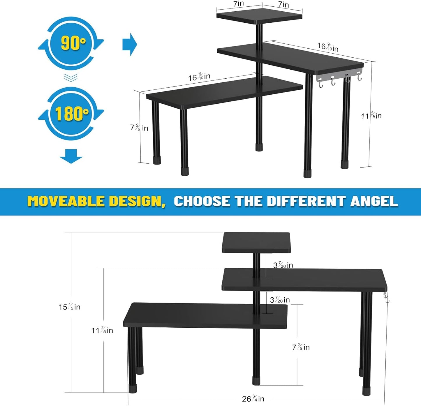 JayRex Countertop Corner Shelf, 3 Tier Shelf Moveable Organizer for Bathroom Counter, Make Up, Dresser Table, Desktop Shelf (Black)