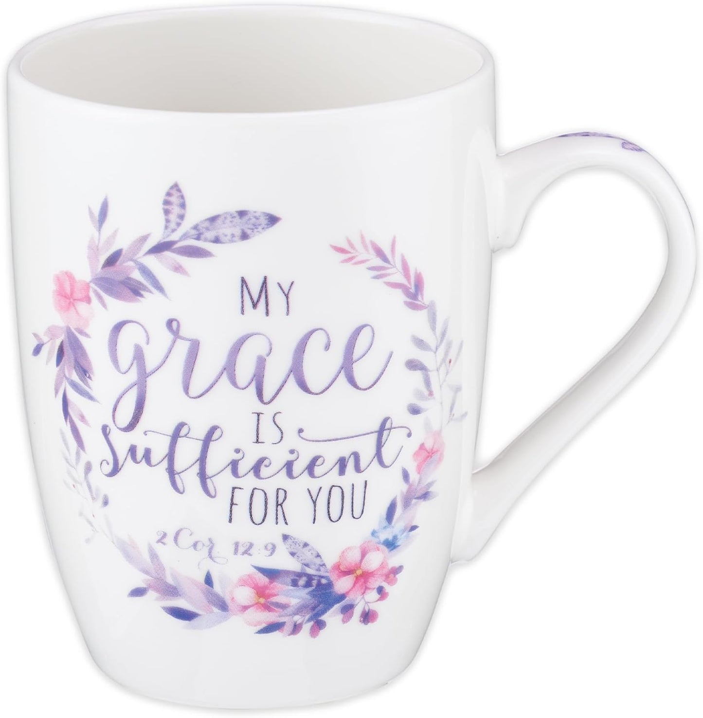 Christian Art Gifts Encouraging Ceramic Coffee & Tea Scripture Mug for Women: My Grace Is Sufficient Inspirational Bible Verse, Microwave/Dishwasher Safe, Cute Drinkware, White & Purple Floral, 12 oz.