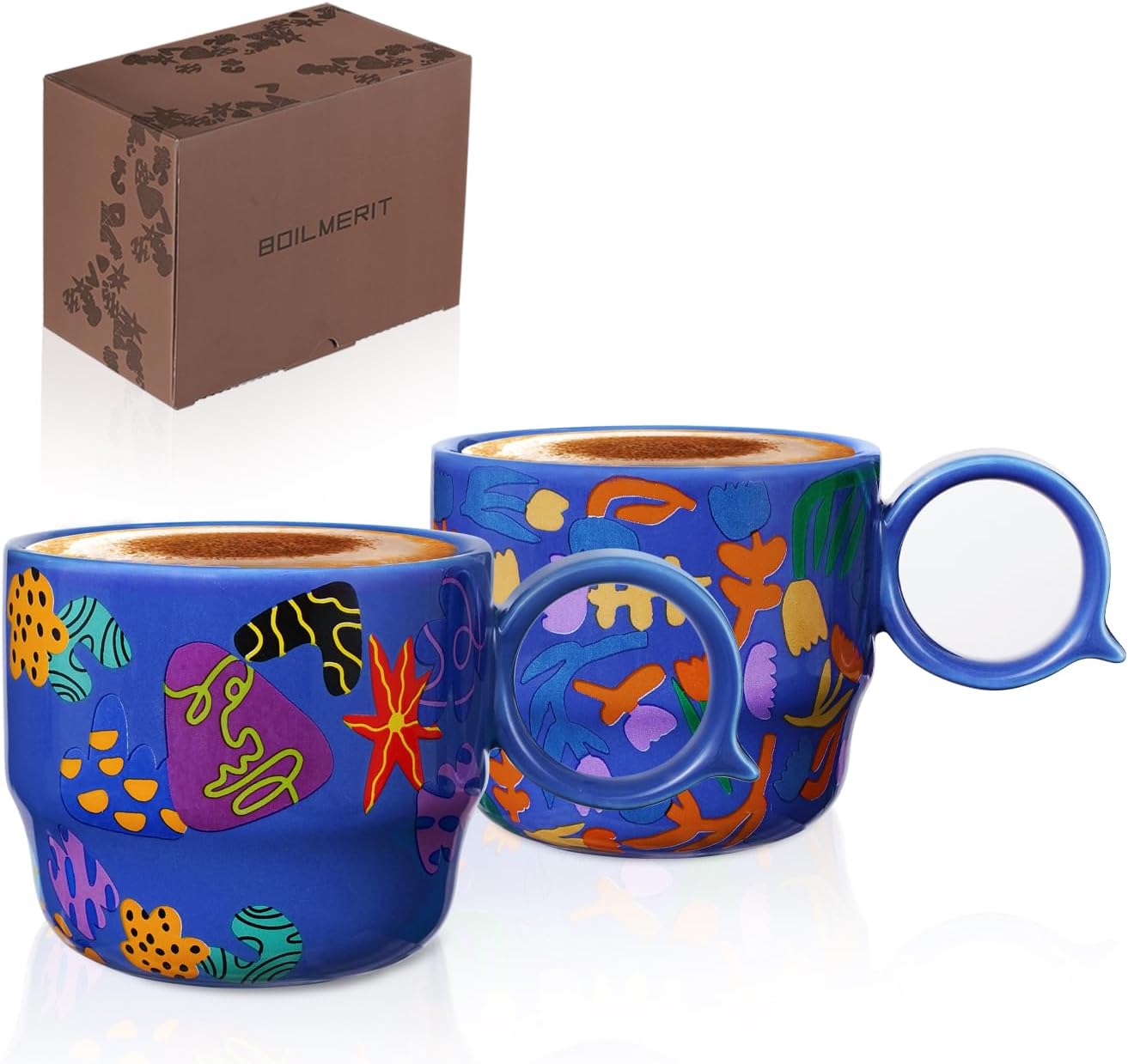 Ceramic Espresso Cups Set of 2 – Mini 3 oz Double Espresso Coffee Cups with Cute Q Handle, Floral and fruit Patterns, Small Blue Demitasse Shot Cups for Coffee Machine