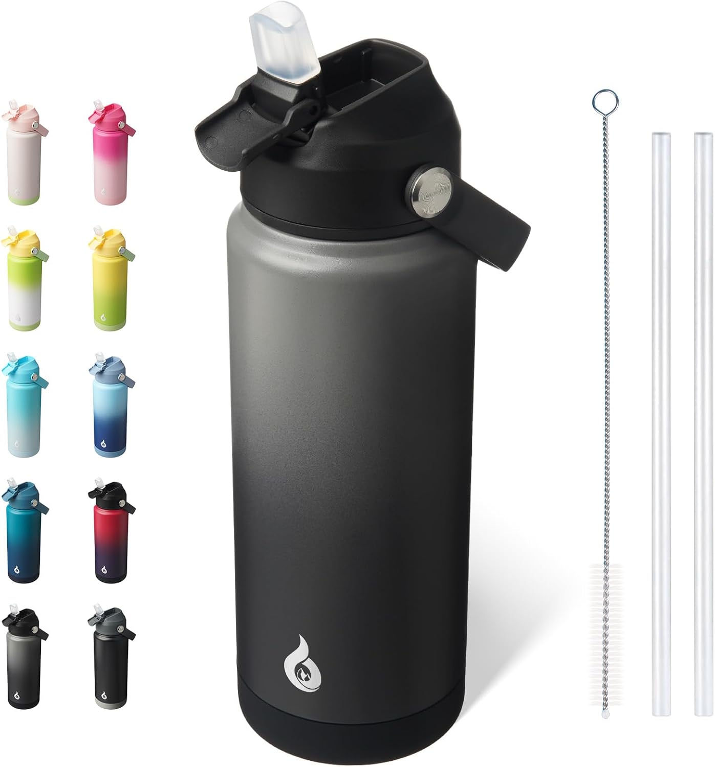 BJPKPK Water Bottle with Straw Lid, 24oz Vacuum Insulated Water Bottles, Metal Stainless Steel Thermos for Sports, Travel, BPA Free Leak Proof Thermos, Cups, Flasks, Tumblers,Black Grey