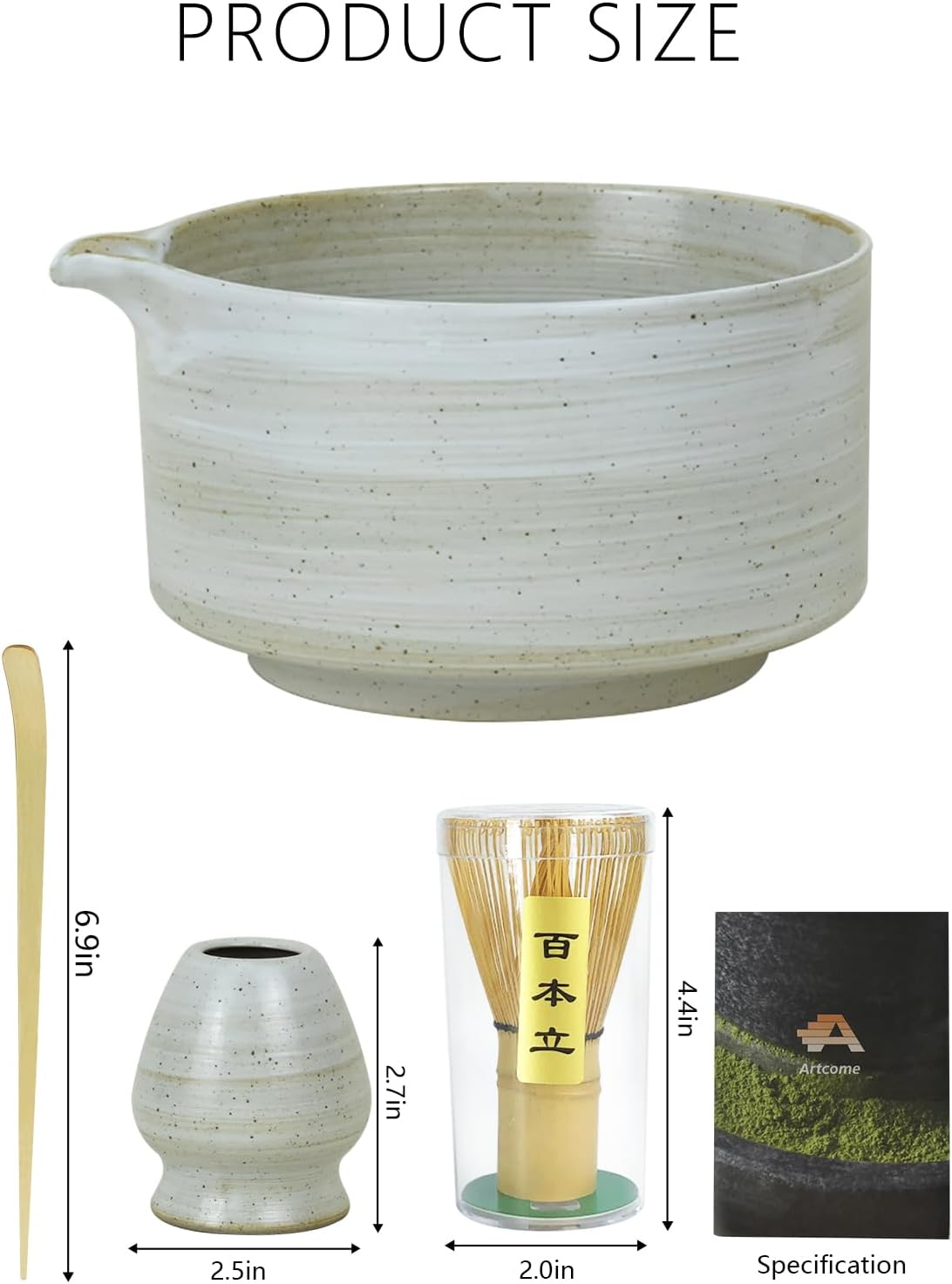 Artcome Matcha Bowl Set with Spout – Handmade Ceramic Chawan, Bamboo Whisk, Whisk Holder, Tea Scoop, and Matcha Manual – Japanese Tea Ceremony Set