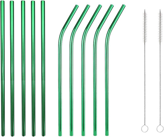 10 Pcs Stainless Steel Straws, Reusable Drinking Straws, 5 Straight + 5 Bent Metal Straws Set With 2 Pcs Cleaning Brushes (Green, 10.5 Inch)