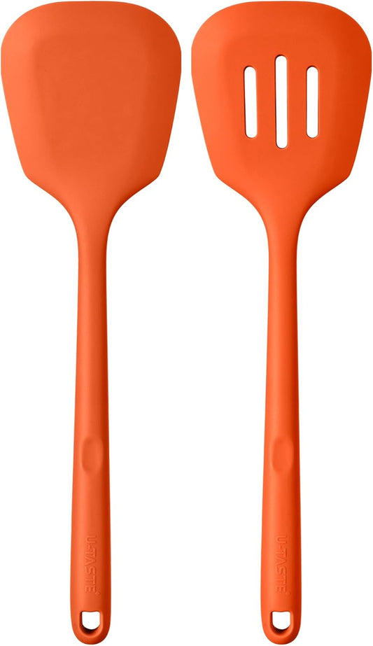 600ºF Heat Resistant Silicone Turners: U-Taste 13.6in Long Solid & Slotted Kitchen Spatula Flipper, Large Flexible Cooking Utensil for Flipping Egg, Pancake in Nonstick Cookware(Orange, 2PCS)