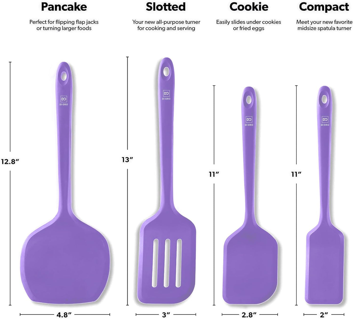 New DI ORO Silicone Turner Spatula Set - Kitchen Spatulas for Nonstick Cookware - Cooking Utensils for Flipping Eggs & Pancake - 600°F Heat-Resistant BPA Free Turners - Dishwasher Safe (4pc, Lavender)