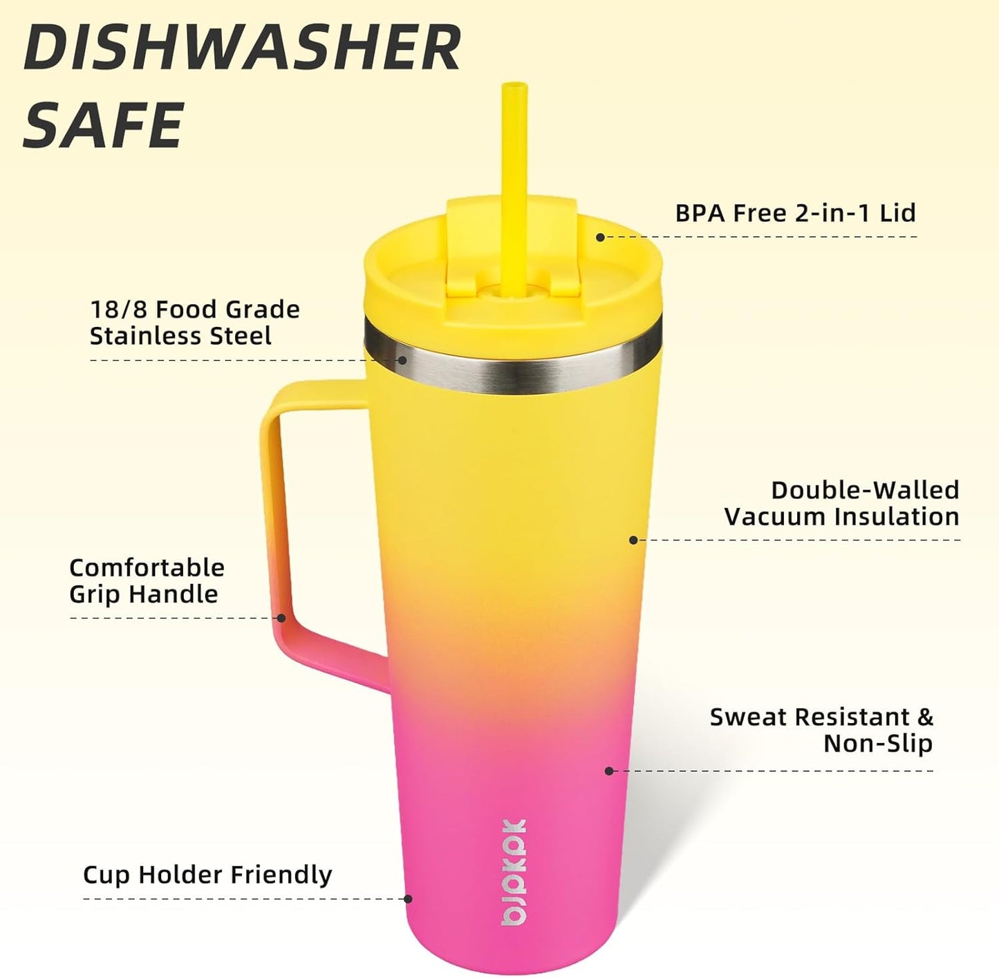 BJPKPK Insulated Tumbler with Handle, 26oz Insulated Tumblers with Lid and Straw, Stainless Steel Metal Water Bottles, Coffee Travel Mugs, Cups, Pink & Yellow Rose