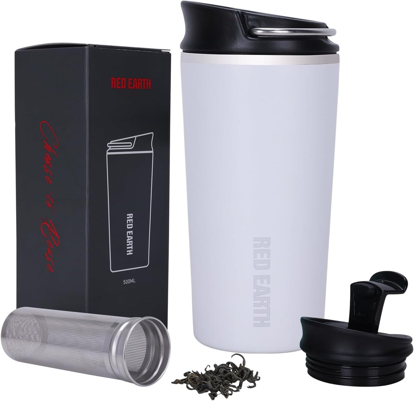 GiNT 17oz Travel Mug with Infuser and Two Lids. Vacuum Insulated 316 Stainless Steel Coffee Mug. Dishwasher Safe Mug with Tea Strainer for Hot and Cold Brew Coffee or Tea(White)