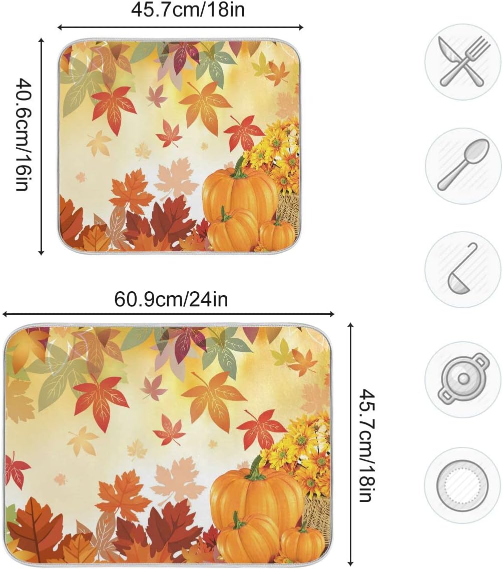 Autumn Fall Dish Drying Mat for Kitchen Counter Pumpkin Maple Leaves Drying Mat 18 x 24 Inch with Absorbent Reversible Microfiber Dish Drying Pad Dish Rack Drainer Mats for Coffee Bar