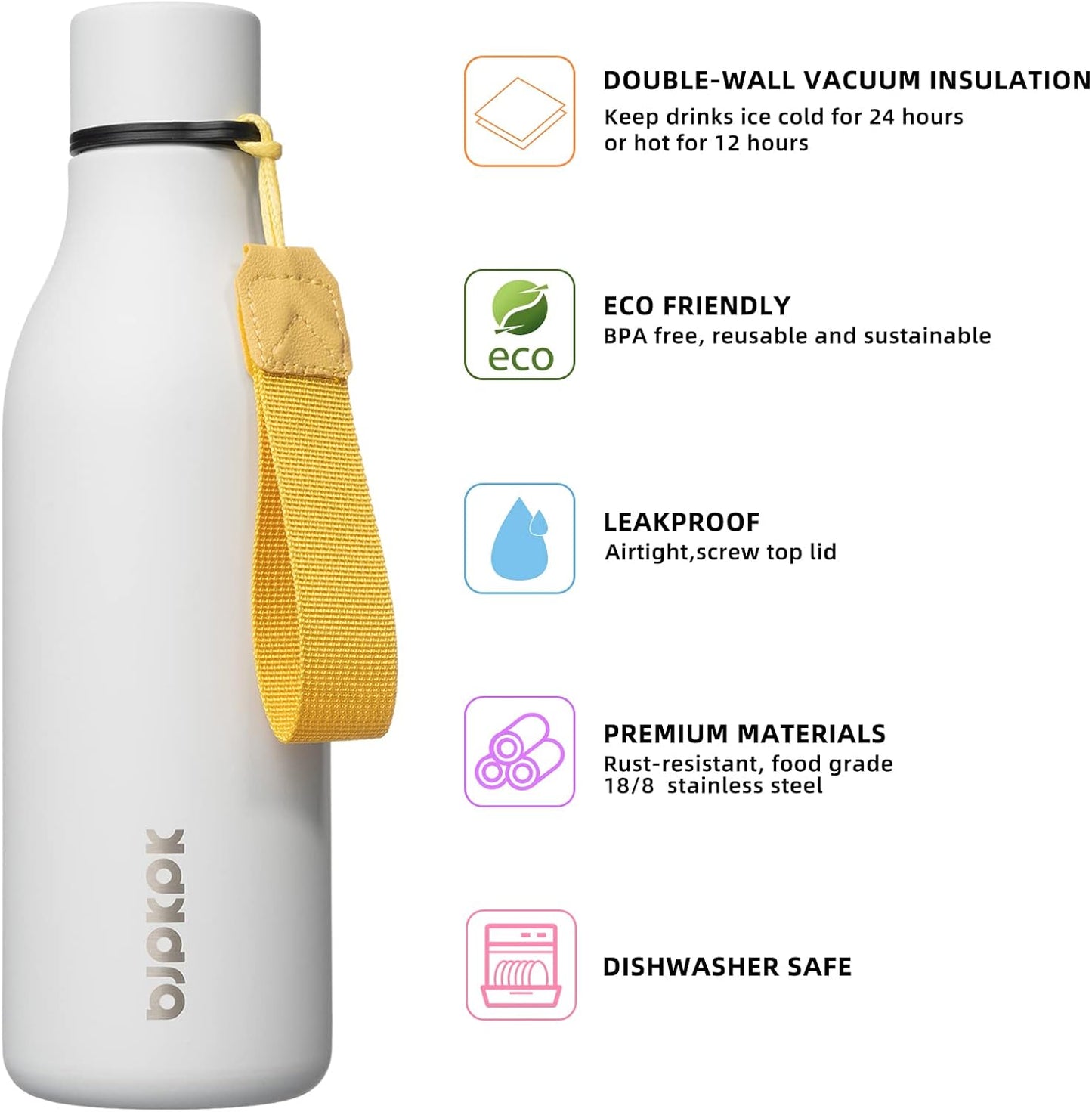 BJPKPK Insulated Water Bottles, 18 oz Stainless Steel Metal Water Bottle with Strap, BPA Free Leak Proof Thermos, Mugs, Flasks, Reusable Water Bottle for Sports & Travel, White