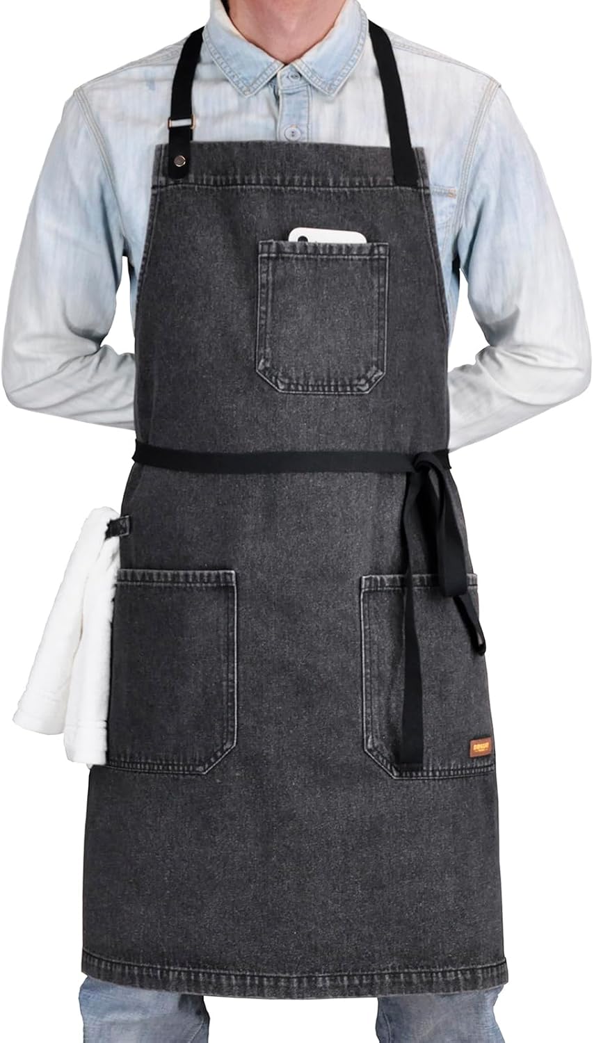 Cooking Apron with Pockets Mens Womens Professional Kitchen Bib Apron for Chef Grill BBQ (Black Denim -2)