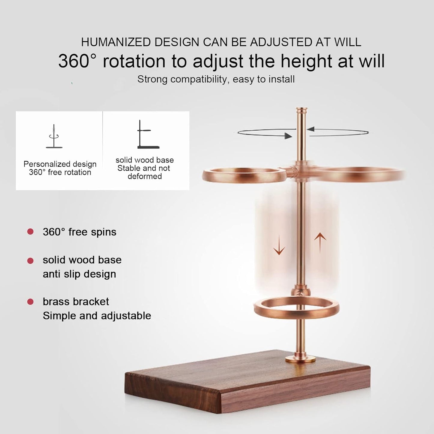 Topyond Pour Over Coffee Dripper Station Stand, Adjustable Stand Wooden Base for Cone Glass Coffee Carafe, Restaurant Filter Holder for Café, Rose Gold