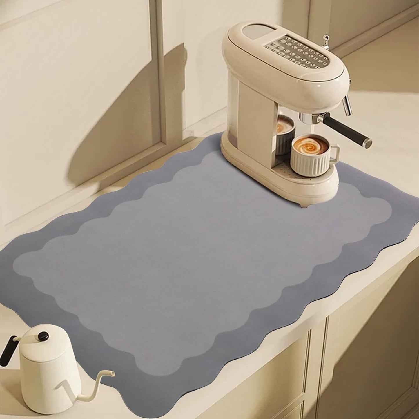 Scalloped Coffee Bar Mat for Countertop, Cute Dish Drying Mats for Kitchen Counter, Diatomite Absorbent Mat for Coffee Station, Kitchen Aesthetic Decor (16"x24", Grey)