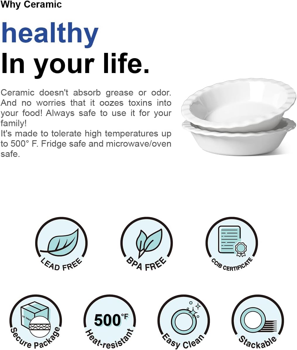 LE TAUCI Ceramic Pie Pans Plate for Baking, 9 inch Deep Dish Baking Dish, 52 ounce Bakeware for Apple Pecan Pie, Set of 2, White