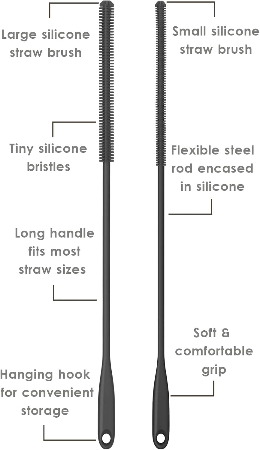Silicone Straw Brush 4 Pack - (2 Small, 2 Wide) - 10 Inch Reusable Straw Cleaner, Pipe Cleaner, Glass and Detailing Tool (Charcoal)
