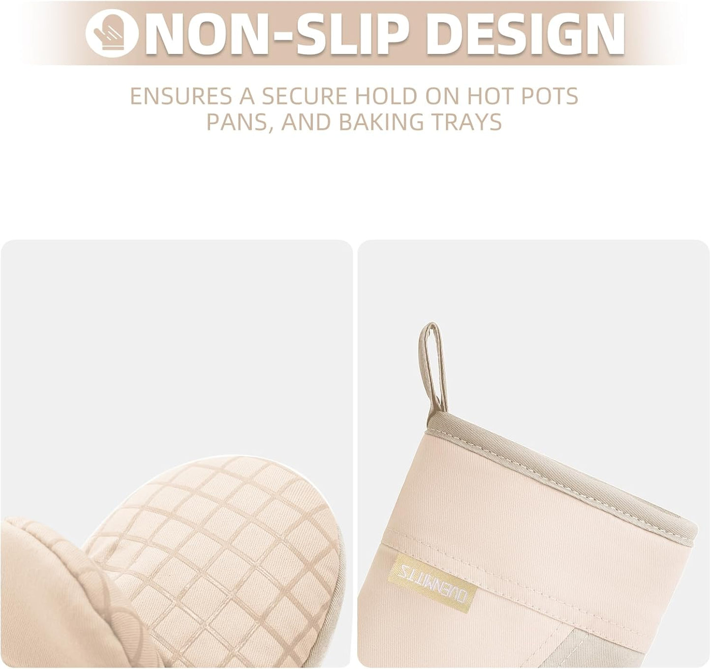 Mini Oven Mitts, Kitchen Oven Gloves Kitchen Mittens 500 Degrees Heat Resistant Baking Gloves, Non-Slip Silicone Surface with Hanging Loops Hot Gloves for Cooking, Baking, BBQ 1 Pair-Khaki