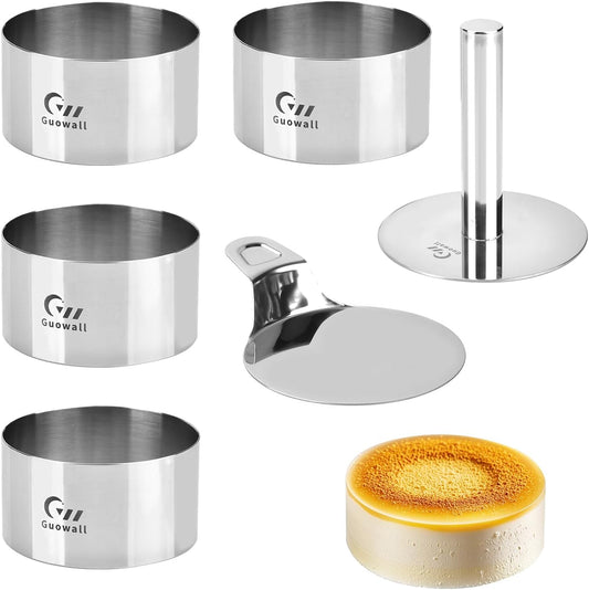Guowall 4 pack Seamless Mousse Cake Ring set Stainless Steel 4 inch Round Food Mold Dessert Cutter for Baking (Includes 1 Lifter, 1 Pusher and 4 Rings)