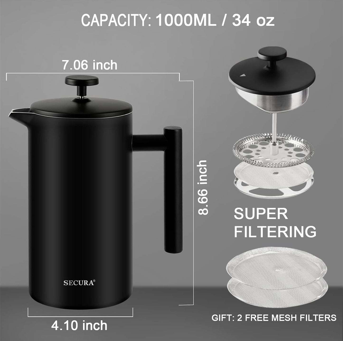 Secura French Press Coffee Maker with 3-Layer Stainless Steel Filter, 34 oz Black, Double-Walled Insulated Design with 2 Extra Filters