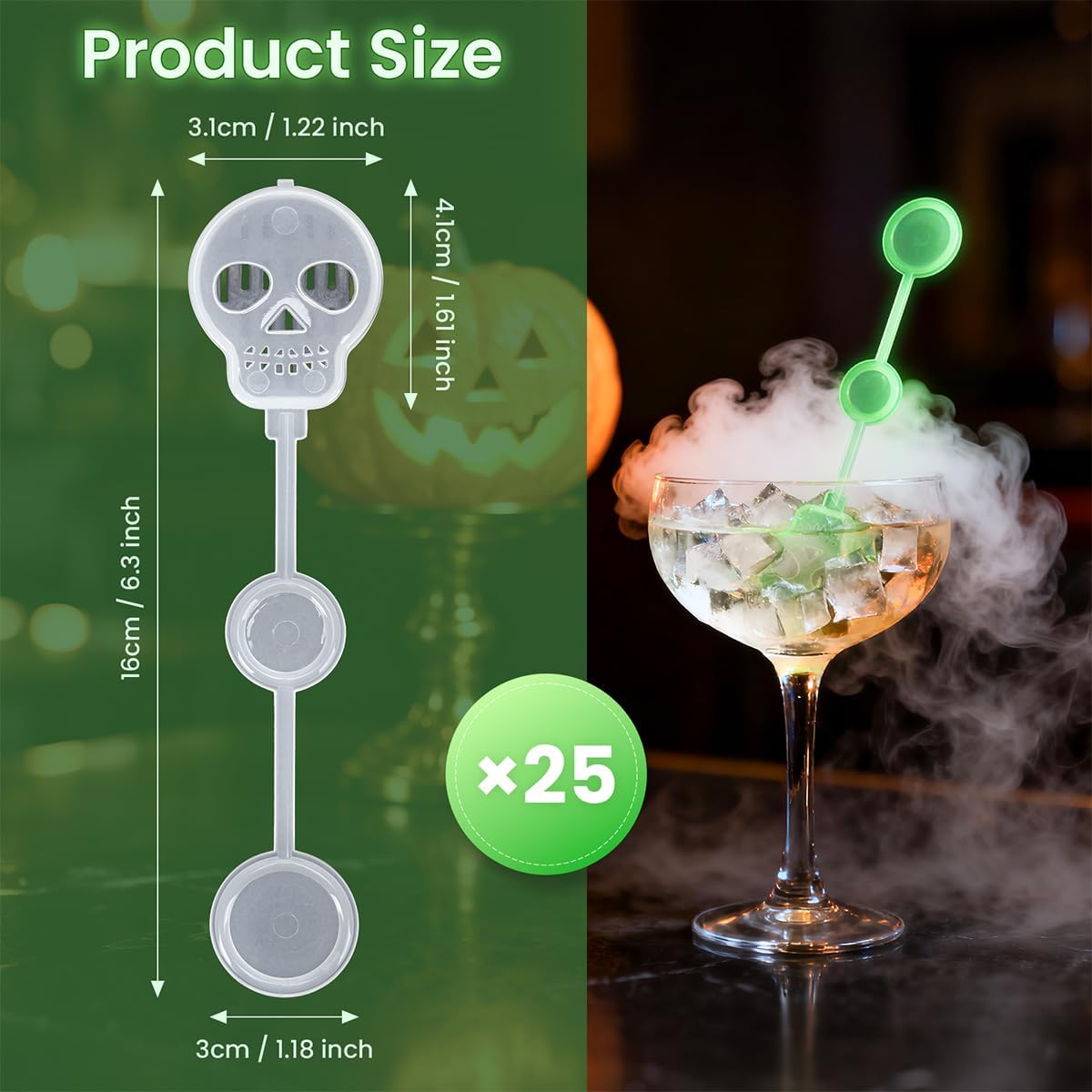 25 Pcs Halloween Dry Ice Swizzle Sticks, Clear Skull-Shape Plastic Stir Sticks Glow in Dark Bar Cocktail Beverage Drink Stirrers for Smokey Drinks Coffee Home Party Decoration