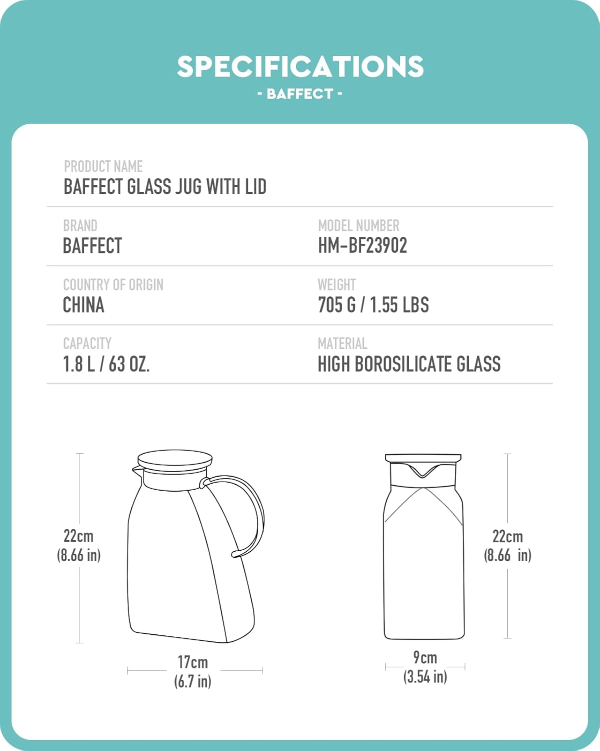 Baffect Water Pitcher, Glass Pitcher With Lid And Handle, 63 Oz / 1.8 L High Borosilicate Glass Jug For Fridge Door, Carafe For Hot/Cold Iced Tea Juice Coffee Milk Beverage （Glacier-Textured）