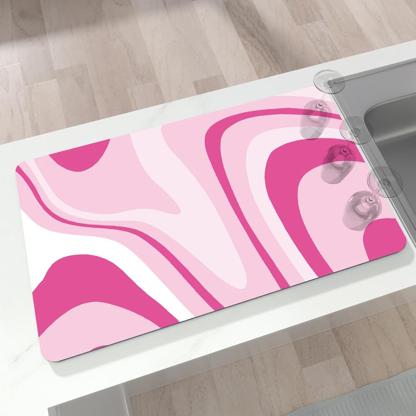 Dish Drying Mat 16" X 24", Super Absorbent & Cuttable Coffee Mats for Countertop, Kitchen Counter Mat Fits Under Coffee Maker or Machine, Hide Stain Drying Pad for Dish Drying Rack, Pink Abstract