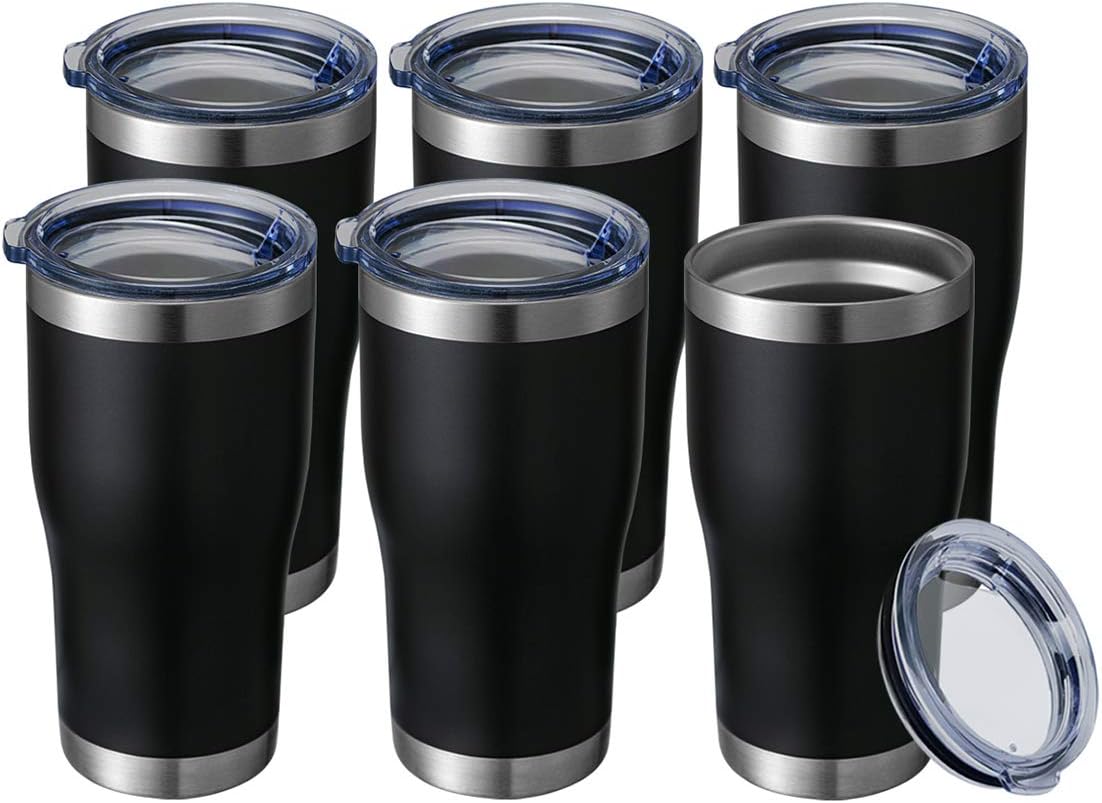 HASLE OUTFITTERS 20 oz Tumbler Bulk, Stainless Steel Tumblers with Lid, Vacuum Insulated Tumbler, Double Wall Tumbler Cup, coffee mugs, Black, 6 Pack