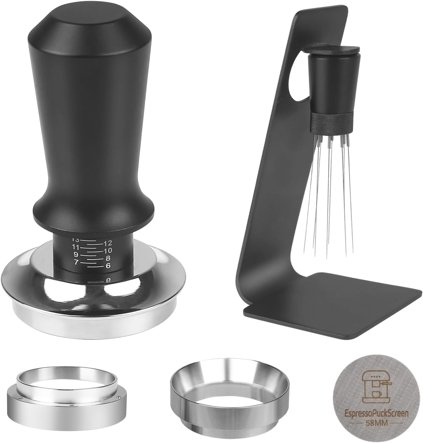 58mm Espresso Tamper Set - Dual-Spring Calibrated Coffee Tamper, 8-Needle WDT Tool Espresso Distribution Tool, Magnetic Aluminum Dosing Funnel, Reusable Puck Screen, Fit for 58mm Portafilters
