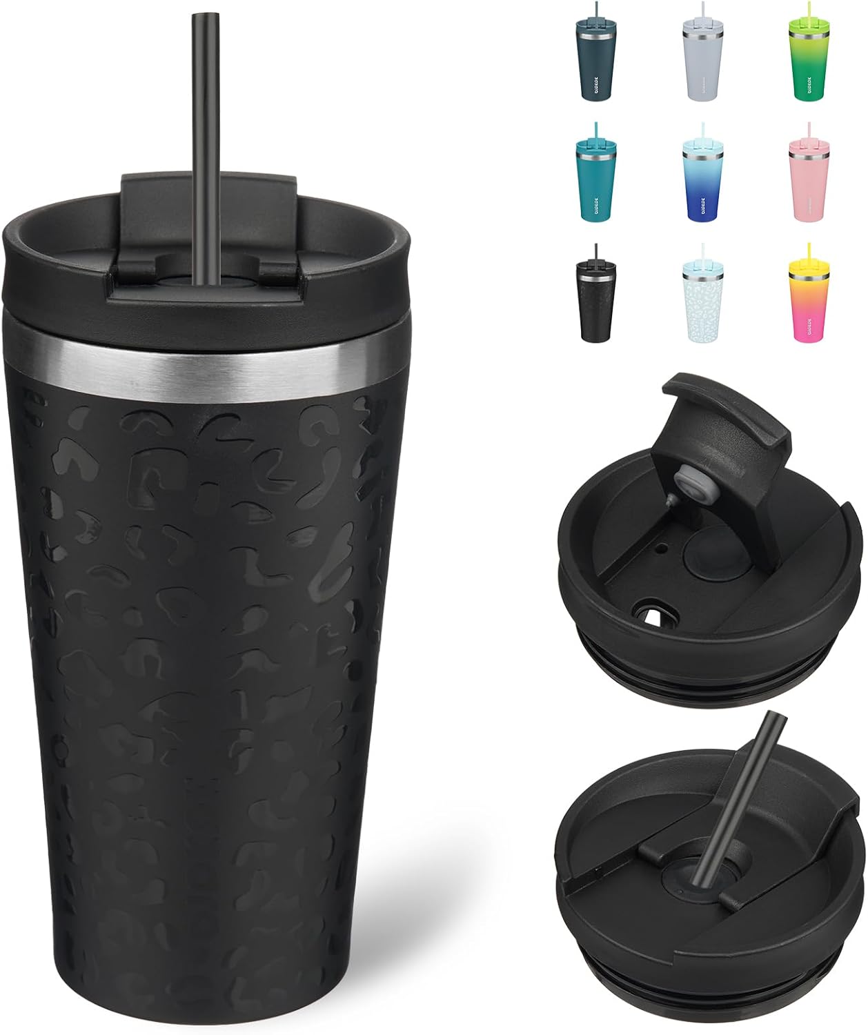 BJPKPK 18oz Insulated Tumbler With lid And Straw Stainless Steel Tumblers Travel Coffee Mug Reusable Thermal Cup,Black Leopard