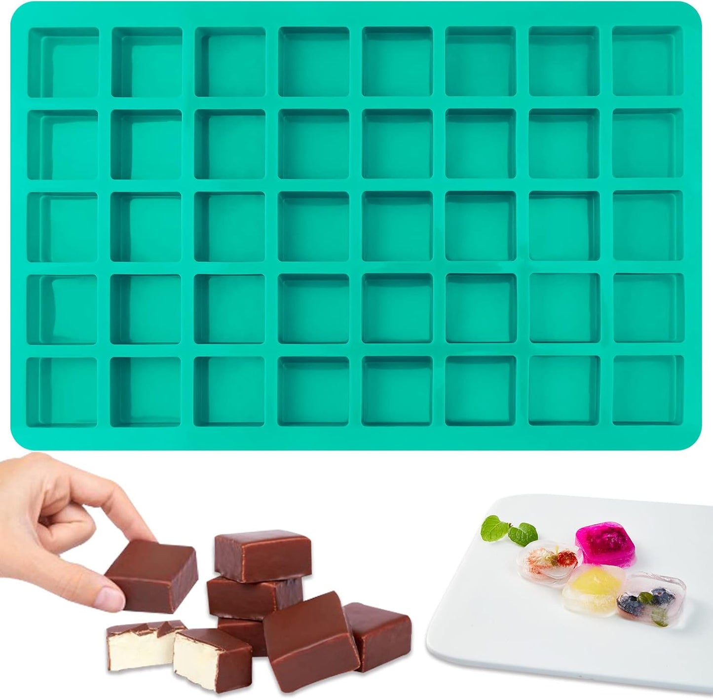 Sakolla Square Chocolate Mold, 40 Cavities Silicone Cube Mold for Chocolate, Candy, Caramel, Ice Cubes, Ganache, Gummy