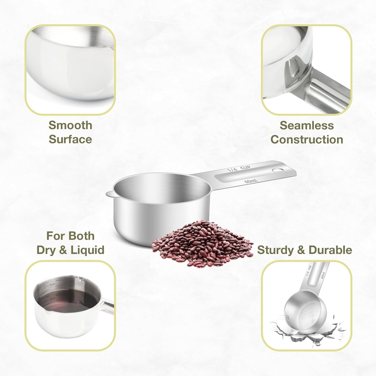 1PCS 1/4Cup (60ml, 2oz) Single Measuring Cup, Etched Inner Scale Stainless Steel Measure Scoop, Metric and US Measurement, Dishwasher Safe