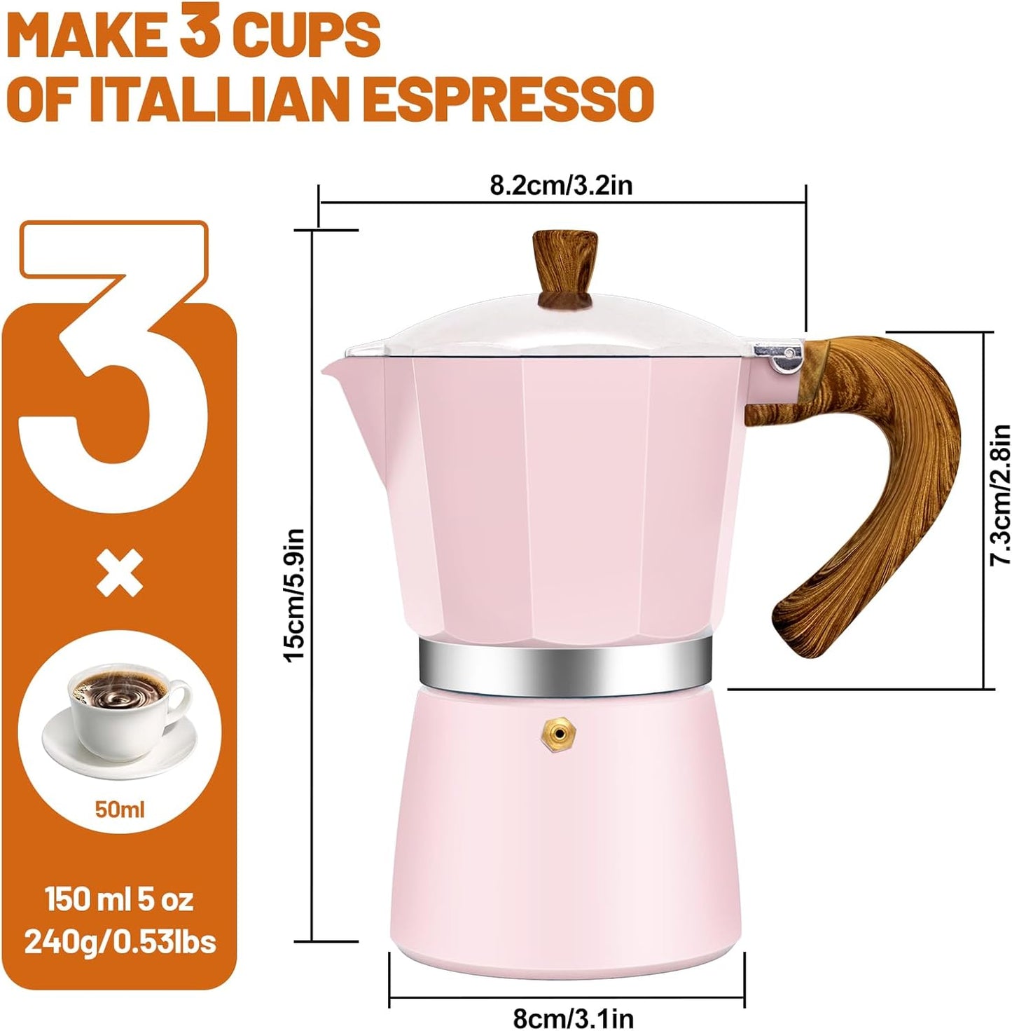 3 Cup Aluminum Espresso Stovetop Moka Pot Express Coffee Maker Percolator Italian Classic Mocha Coffee Machine for Italian and Cuban Cafe Brewing for Home & Camping 150ml 5oz