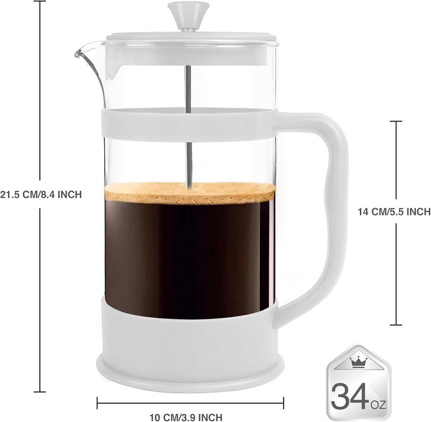 Utopia Kitchen French Press Espresso and Tea Maker with Triple Filters, Stainless Steel Plunger and Heat Resistant Borosilicate Glass (White, 34-oz (Pack of 1))