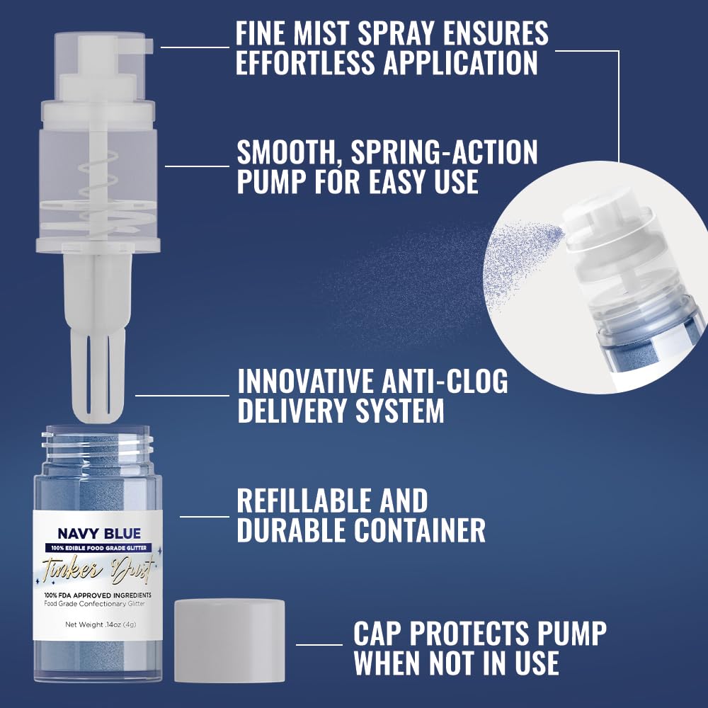 Bakell - Navy Blue Tinker Dust (4g, 1x Mini Spray Pump) Edible Glitter for Food, Desserts, and Beverages!