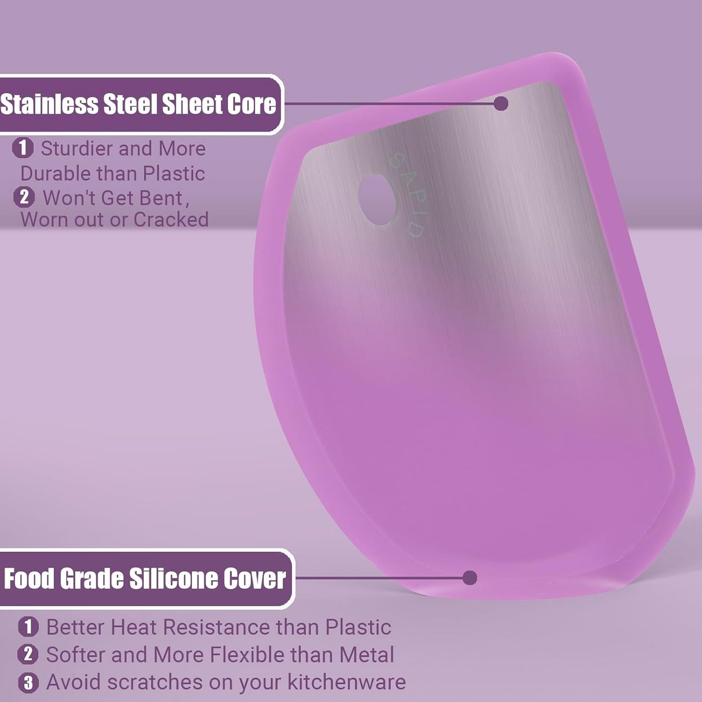 Sapid Silicone Bowl Scraper Flexible Curved Edge (5.98"×4.3"), Food Grade Bench Dough Scraper for Baking Sourdough Bread, Cake, Fondant Icing, Heat- Resistance Kitchen Dish Pan Scrapers (1, Purple)
