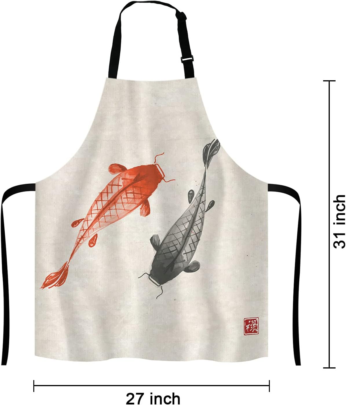 Red and black hand drawn with ink in traditional Japanese Adjustable Bib Apron Kitchen Cooking Baking Gardening Apron for Women Men
