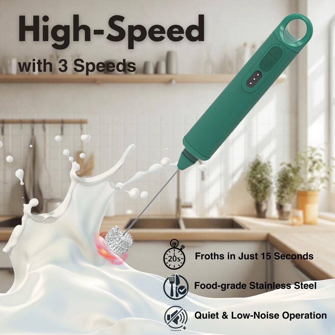 Rechargeable Milk Frother Handheld 3 Speed Coffee Foamer [3 Whisk] Electric Drink Mixer for Latte, Cappuccino, Coffee, Eggs, Hot Chocolate,Grass Green