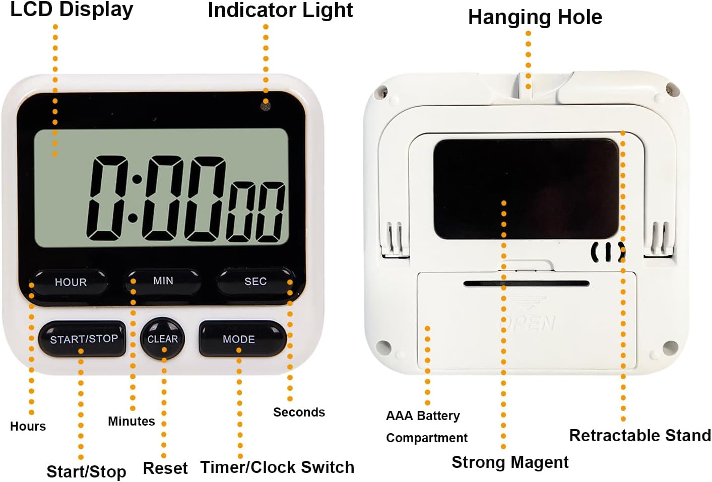 Digital Dual Kitchen Timer with Strong Magnet,24-Hour Countdown & Stopwatch,Loud Alarm,12/24 Hour Clock Switch,Calendar,Visual Indicator Light,Mute Option,3 Placement Options (Batteries Included)