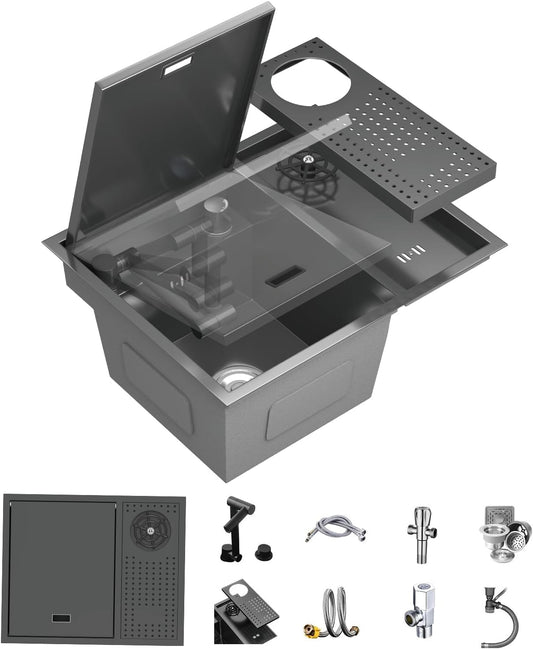 Bar Sink 21.6 x 17.7 Inch Topmount Smart Kitchen Sinks Stainless Steel Western Kitchen Sink Center Island Single Bowl Workstation with Press Cup Washer
