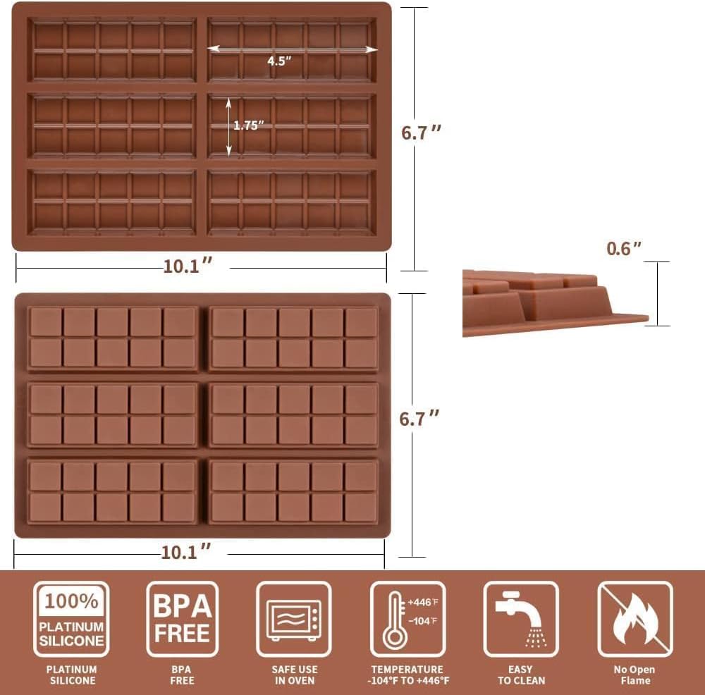 Chocolate Bar Mold, Dubai Chocolate Bar Mold Deep Silicone Break-Apart Chocolate Mold Nonstick Thick Candy Mould for Dubai Pistachio 1 Pack（10 Snap）
