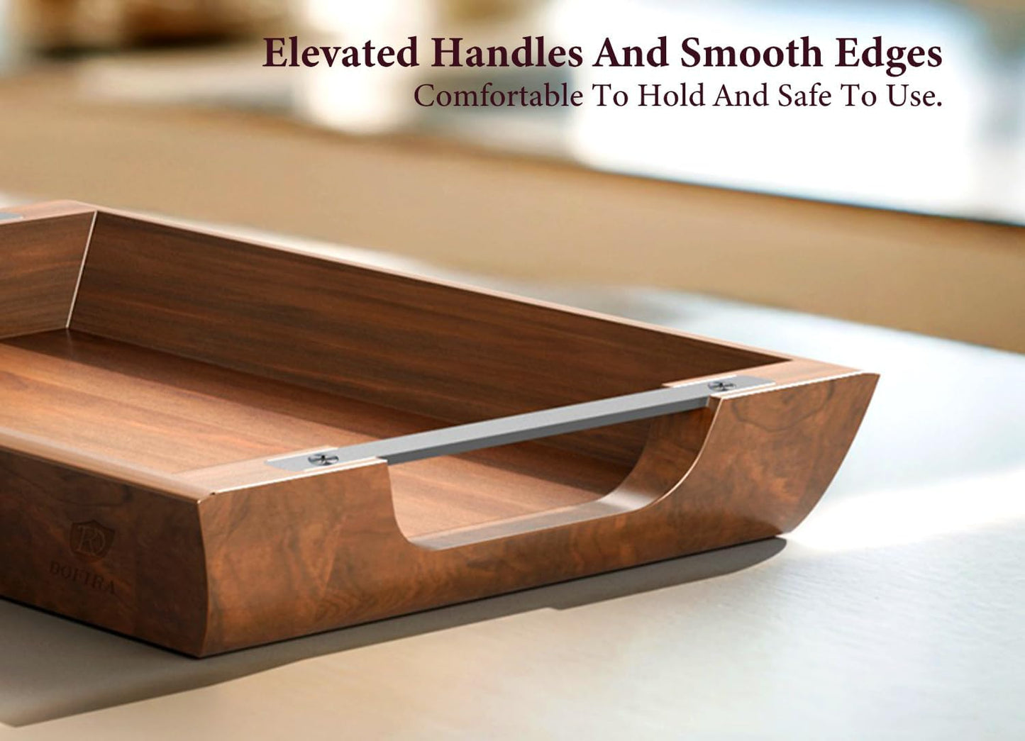 Acacia Wood Serving Tray with Metal Handles, 15x10 Inch Decorative Tray for Coffee Table Ottoman - Rustic Wooden Breakfast & Drink Tray, Farmhouse Centerpiece