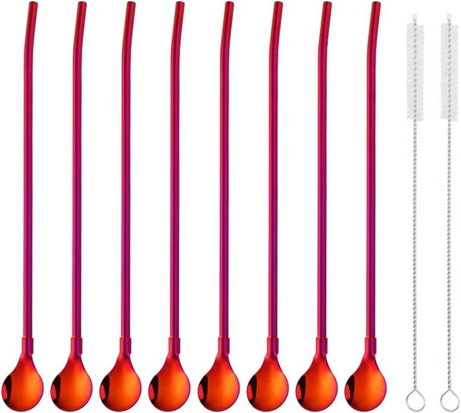Straw Spoon, 8PCS 8.5inch Orange Red 18/8(304) Stainless Steel Metal Straws Reusable + 2 Brushes