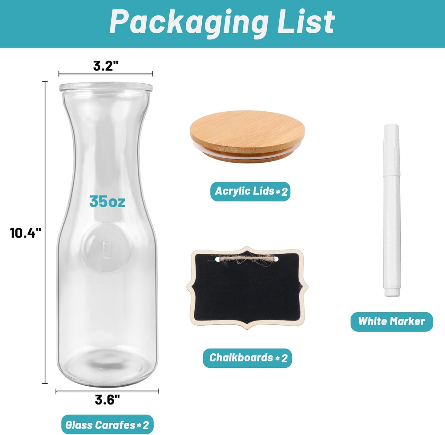 Glass Carafe with Bamboo Lid,35 Oz Beverage Dispensers Carafe,Mimosa Bar Supplies,Juice Bottles, Clear Glass Pitcher with Name Labels for Iced Tea,Coffee,Juice(Pack of 2)