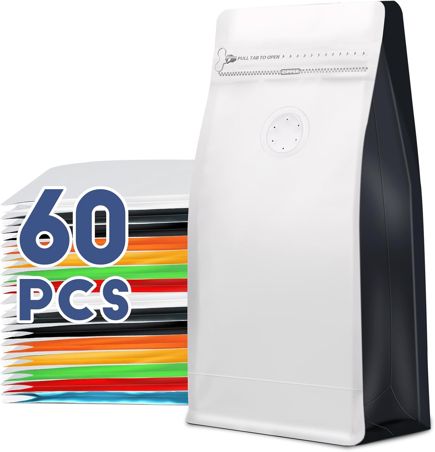Coffee Bags with Valve(60pcs,16 oz,1 lb) Vented Coffee Beans Packaging Bags High Barrier Aluminumed Foil Flat Bottom Heat Sealed Side Zipper Resealable Storage Bag for Home or Business（White+Black）