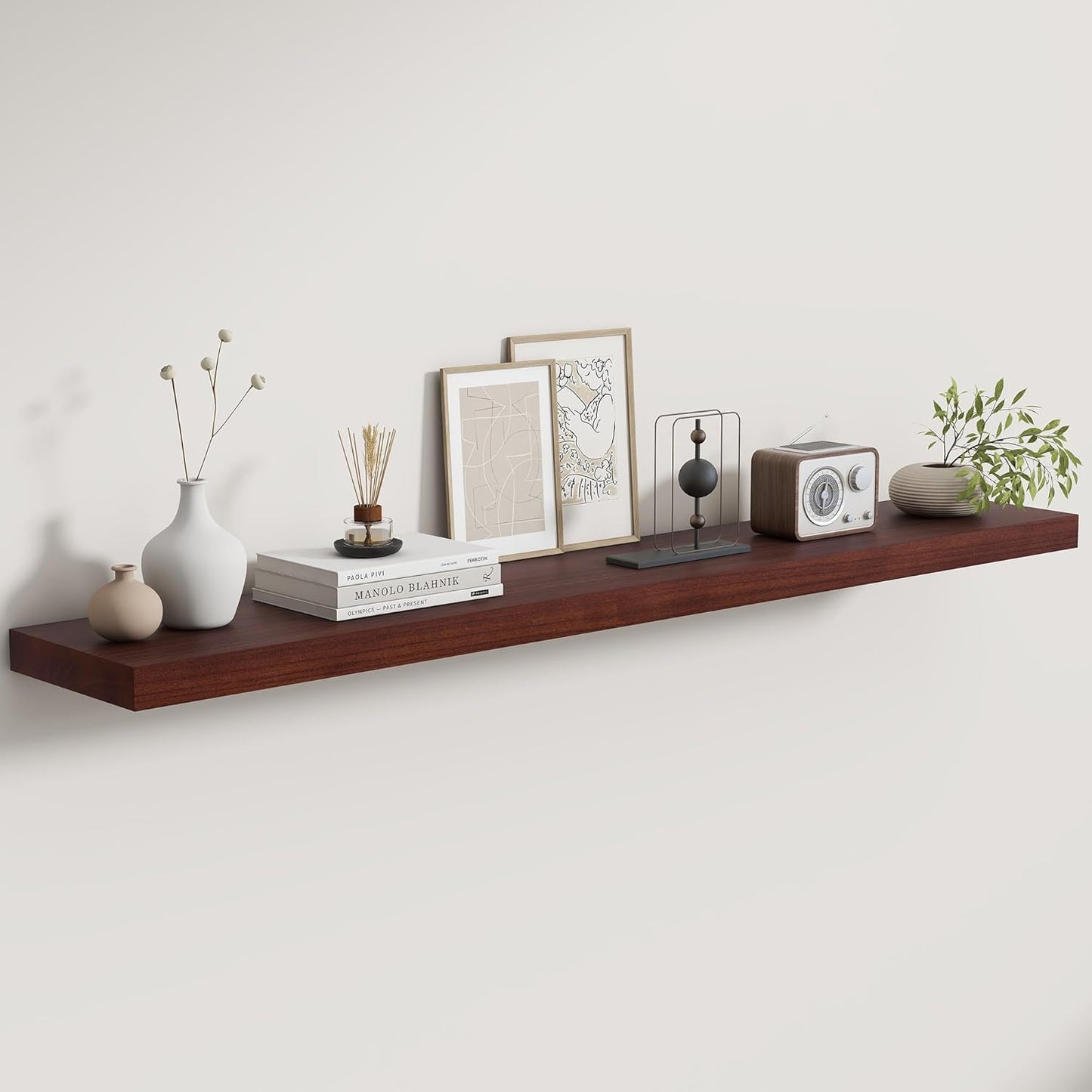 Fun Memories Rustic Real Wood Floating Shelves, 8 Inch Deep Floating Shelf Wall Mounted, 48" W x 8" D Wall Shelves Storage Shelves for Living Room, Bedroom, Bathroom, Red Brown, Set of 1