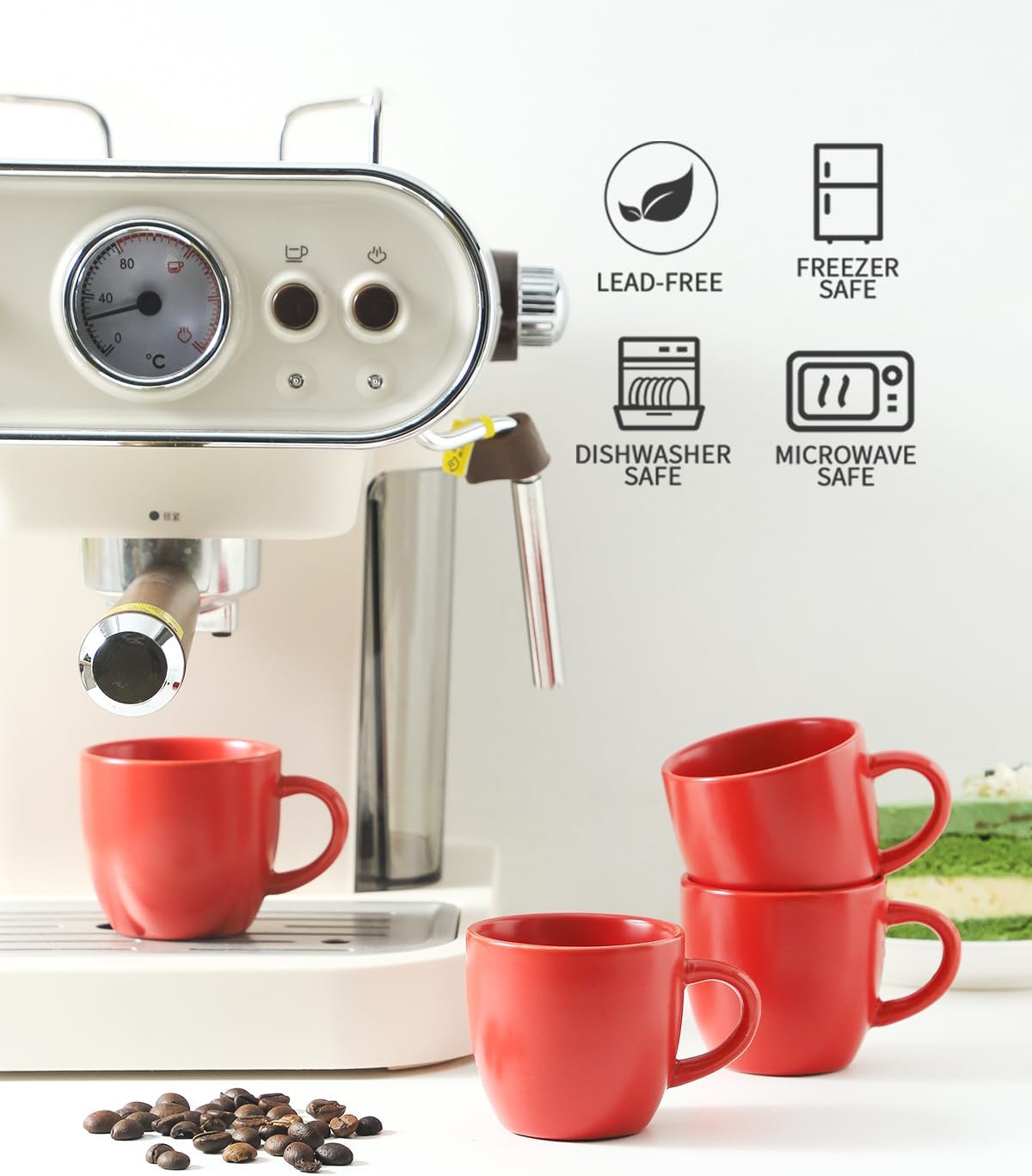 Hasense Ceramic 3 OZ Espresso Cups, Porcelain Espresso Demitasse Cups Set of 4 for Double shot, Lungo and Ristretto, Tiny Italian Expresso Shot Coffee Mugs for Home and Office, Red