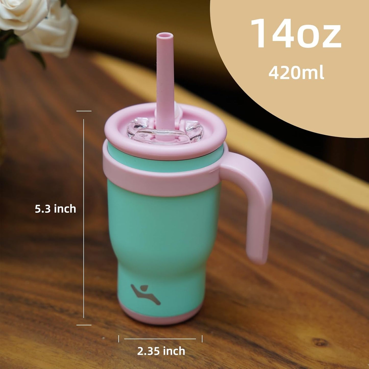 14 oz Tumbler with Side Handle, Insulated Water Bottle with Straw and 2 in 1 Lid, Stainless Steel Cup Travel Coffee Mug for Sports Office Gym,Purple