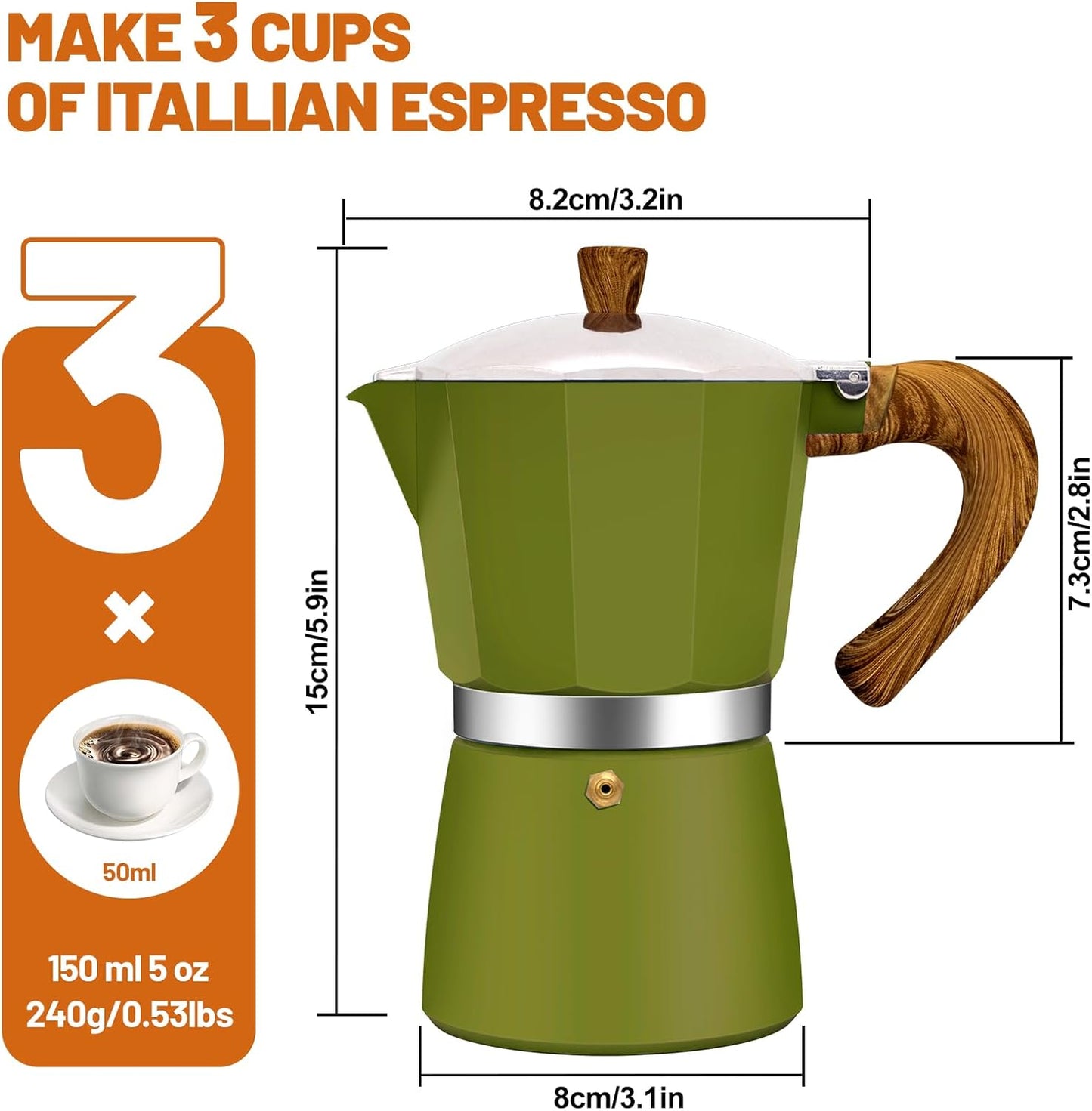 3 Cup Aluminum Espresso Stovetop Moka Pot Express Coffee Maker Percolator Italian Classic Mocha Coffee Machine for Italian and Cuban Cafe Brewing for Home & Camping 150ml 5oz