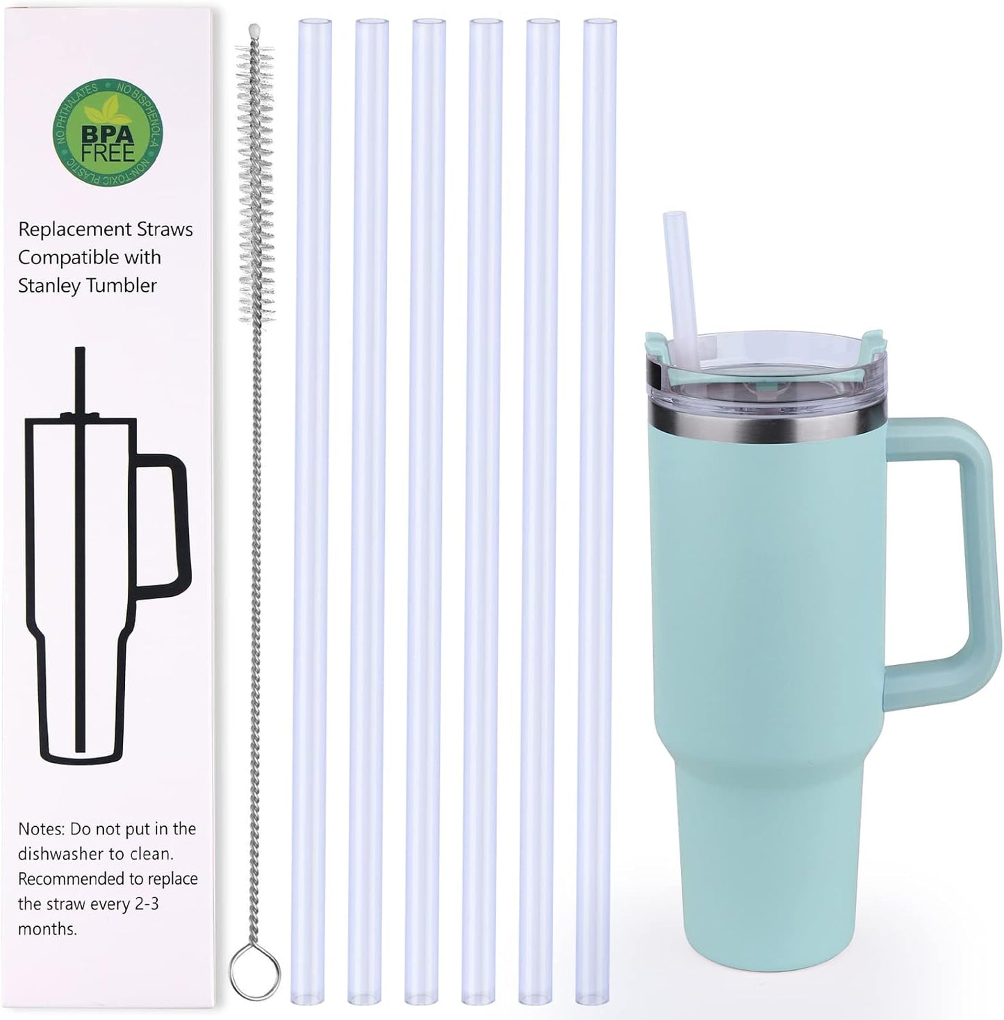 AIERSA 6 Pack Silicone Replacement Straws for Stanley 20 30 40oz Cup,Reusable Straws Compatible 40 oz Stanley Tumbler,Long Straw with Cleaning Brush for Stanley Cup Accessories