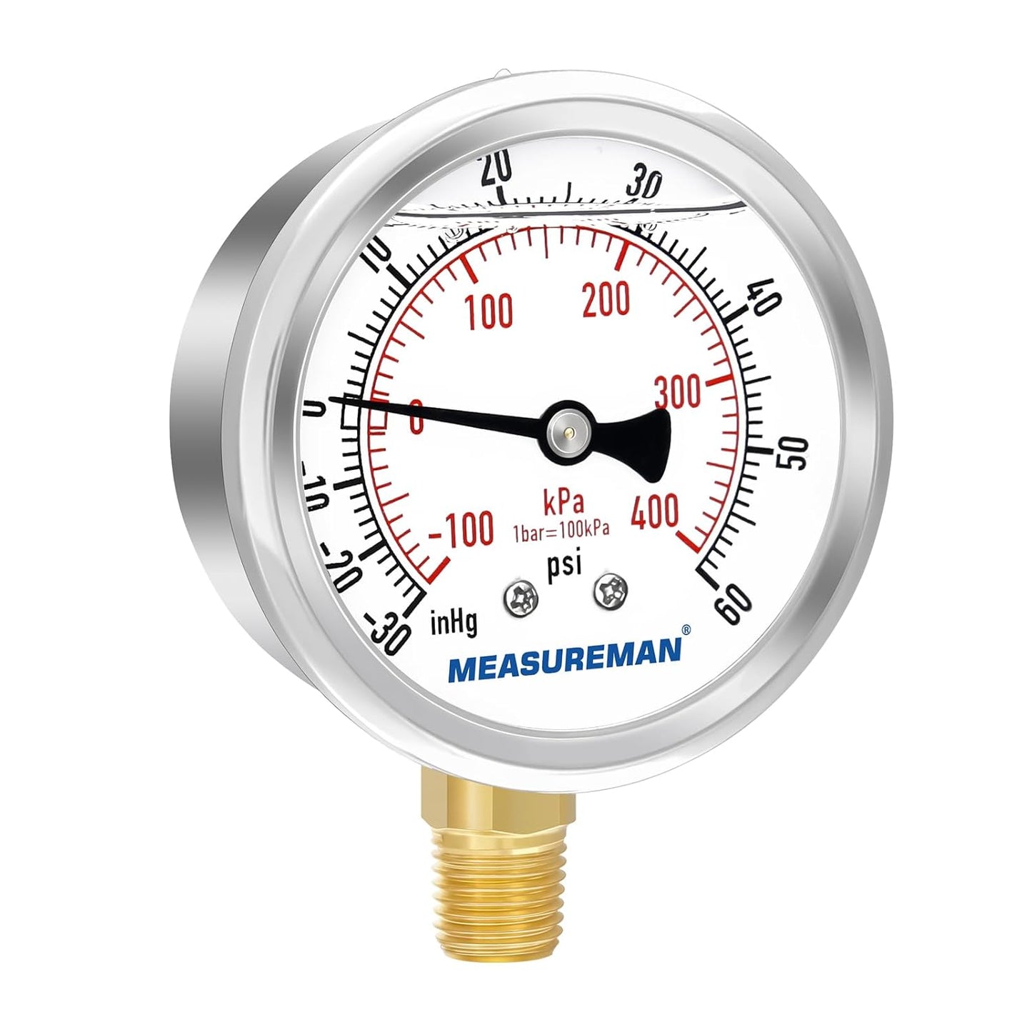 MEASUREMAN 2-1/2" Dial Size, Glycerin Filled Pressure Gauge, 30inHG-60psi, 304 Stainless Steel Case, 1/4" NPT Lower Mount