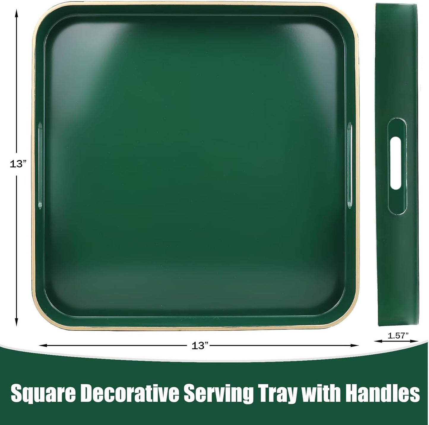 Green Square Decorative Tray with Handles, 13"*13" Versatile Serving Tray for Coffee Table, Ottoman, Ideal for Serving, Displaying, Organizing