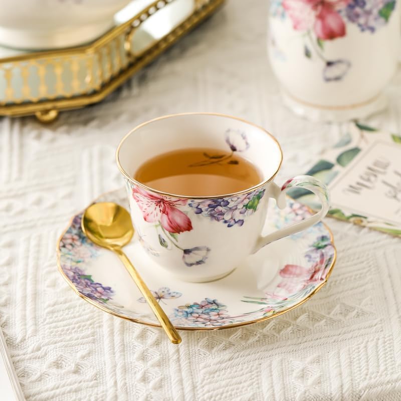 Bone China Tea Set, Vintage Floral Coffee Cups and Tea Sets, Porcelain Tea Set for Women Tea Party British, Christmas Gifts(Purple)